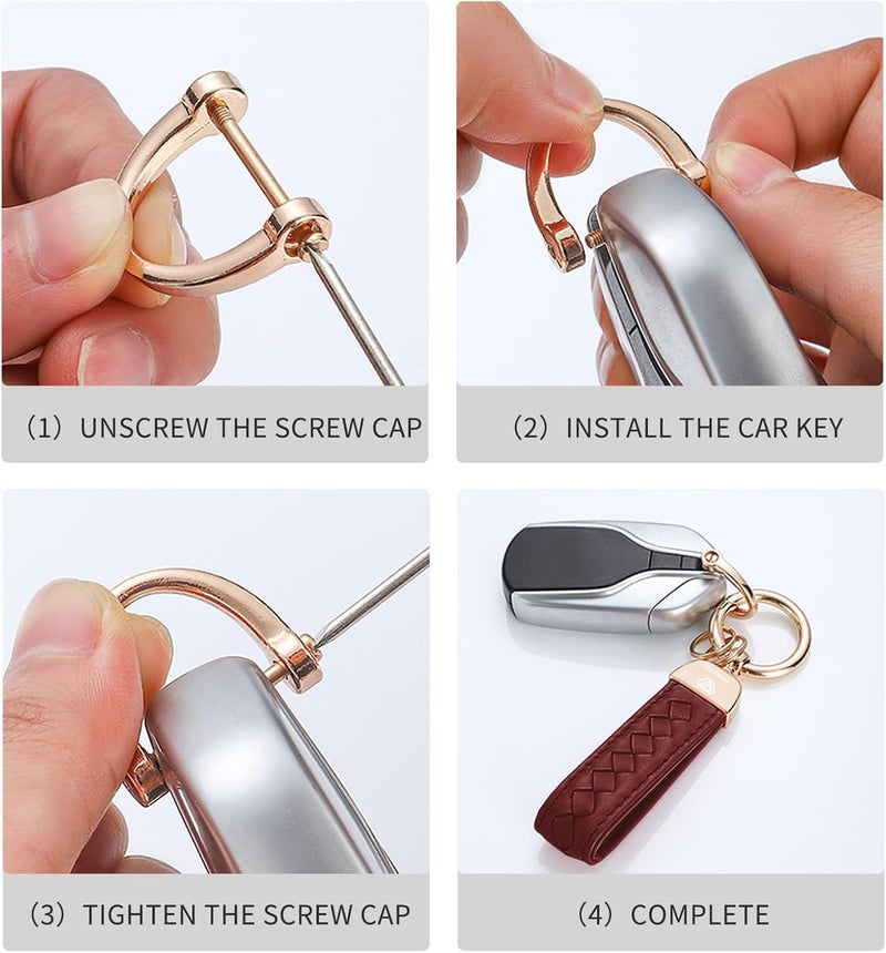 Hamdecro Store Genuine Leather Car Keychain, Handmade Knit Sheepskin Key chains for Women, Universal Key Fob Holder with 360 Degree Rotatable, Anti-Lost D-Ring, 2 Keyrings and 1 Screwdriver – Wine Red - Image 4